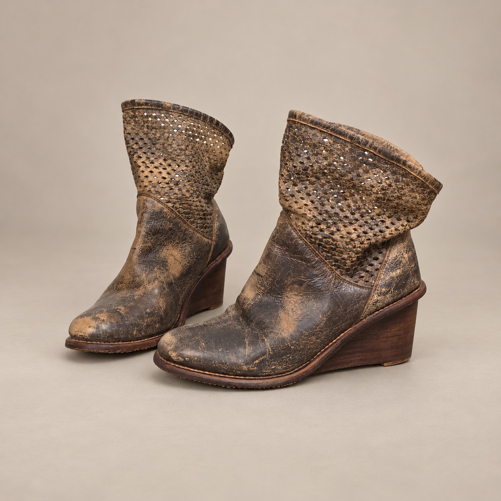 Bed Stu Dutchess Wedge Boots Womens 8 Brown Distressed Perforated Leather Boho